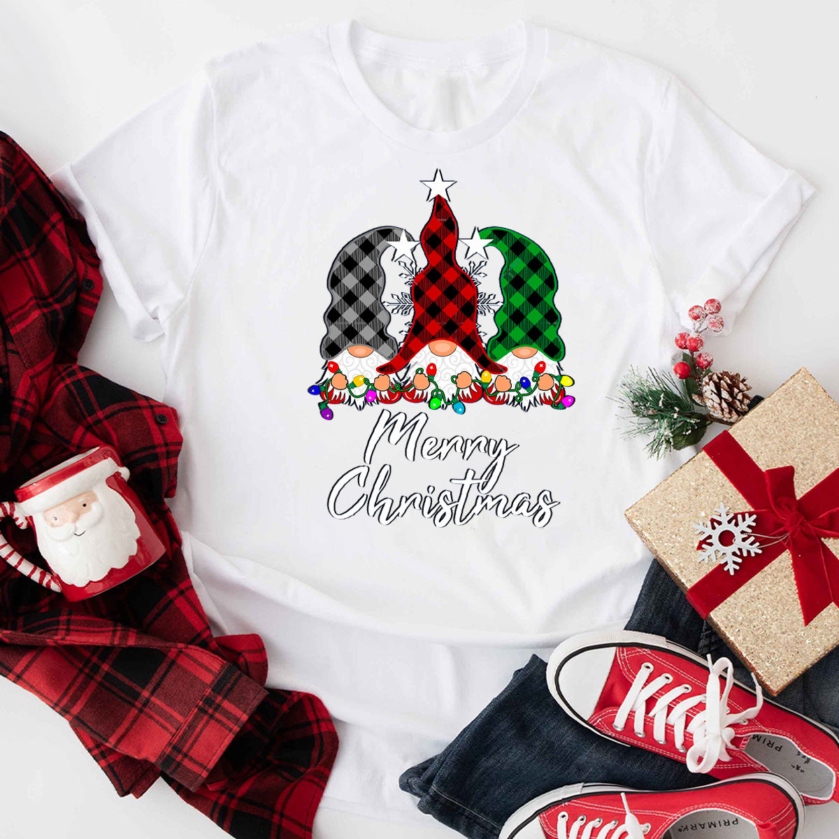 Gnome Christmas Lights Buffalo Plaid T-Shirt