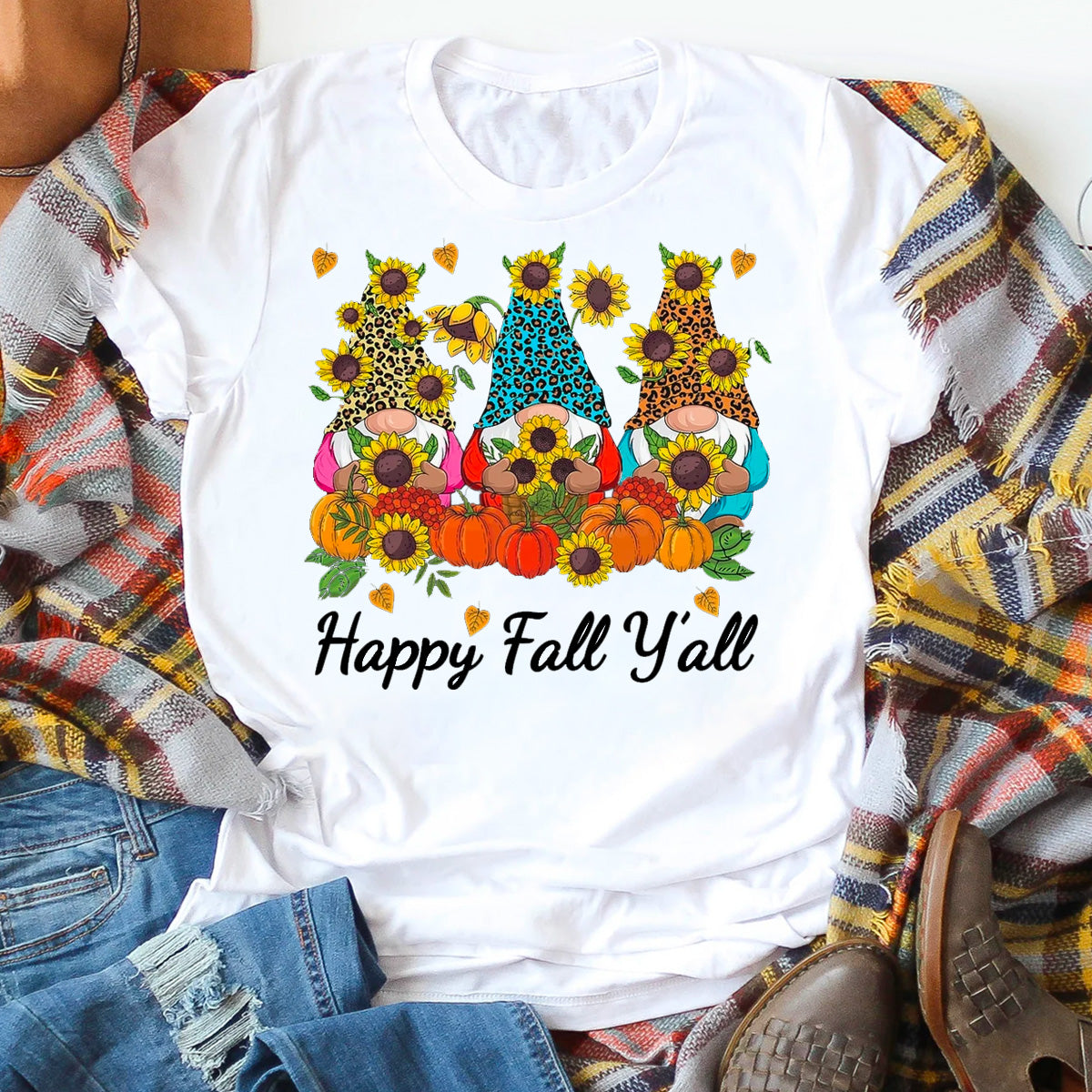 Happy Fall Y'all Gnome Leopard Pumpkin Autumn T-Shirt