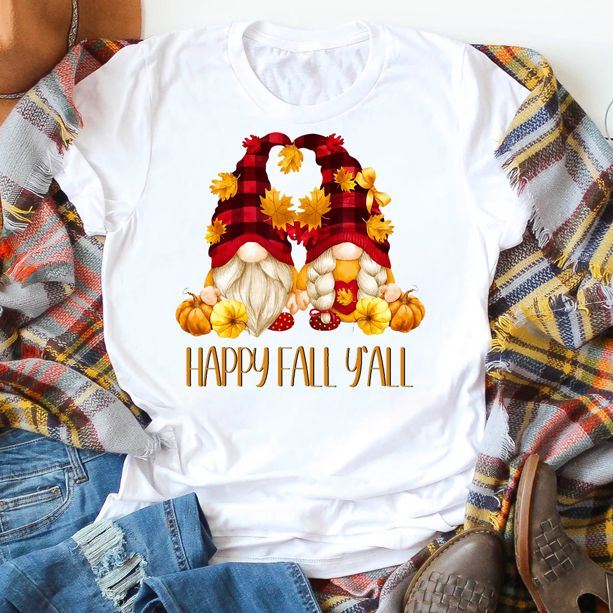 Autumn Gnomes With Pumpkin Happy Fall Yall T-Shirt