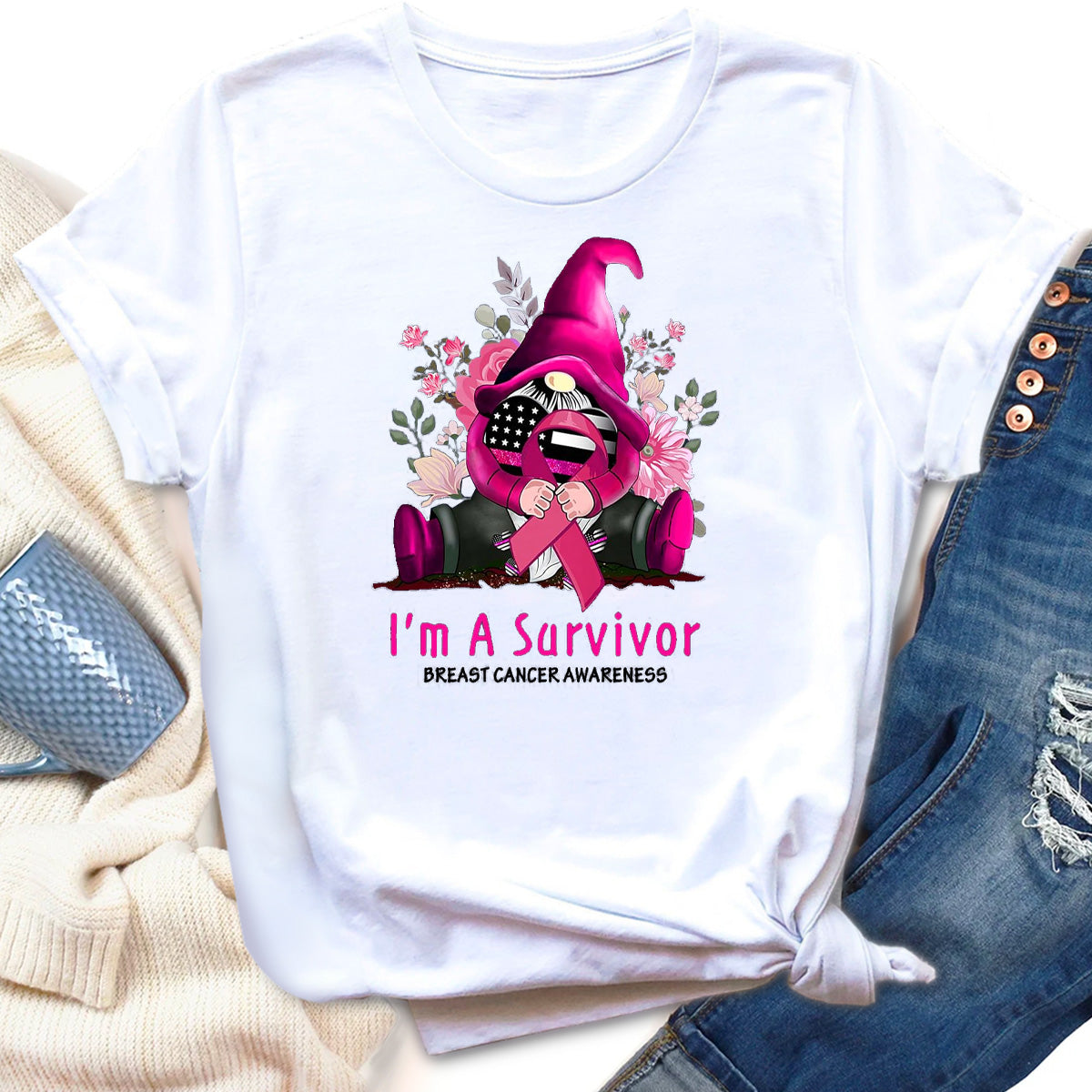 I'm A Survivor Gnome Pink Ribbon Breast Cancer T-Shirt