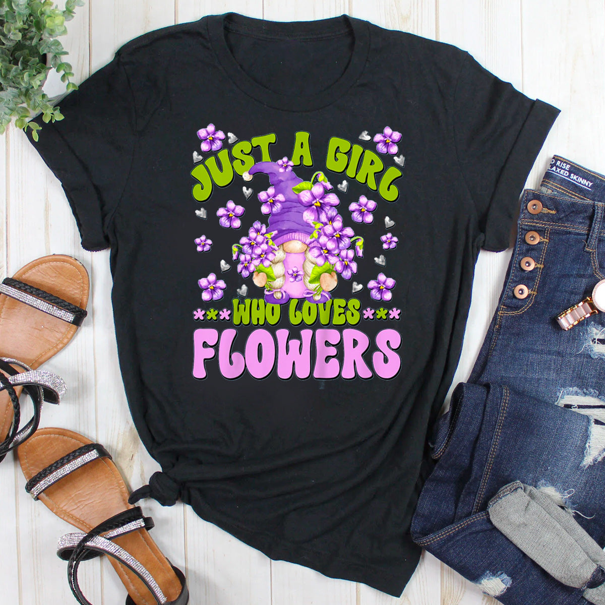 Just A Girl Who Loves Flowers Floral Violet Gnome T-Shirt