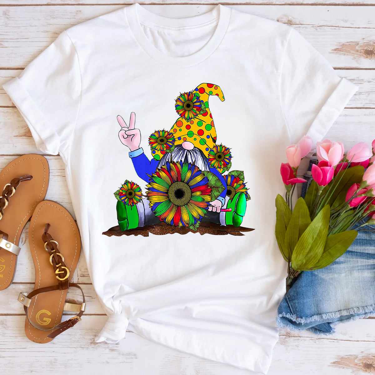 Hippie Gnome Sunflower Rainbow T-Shirt