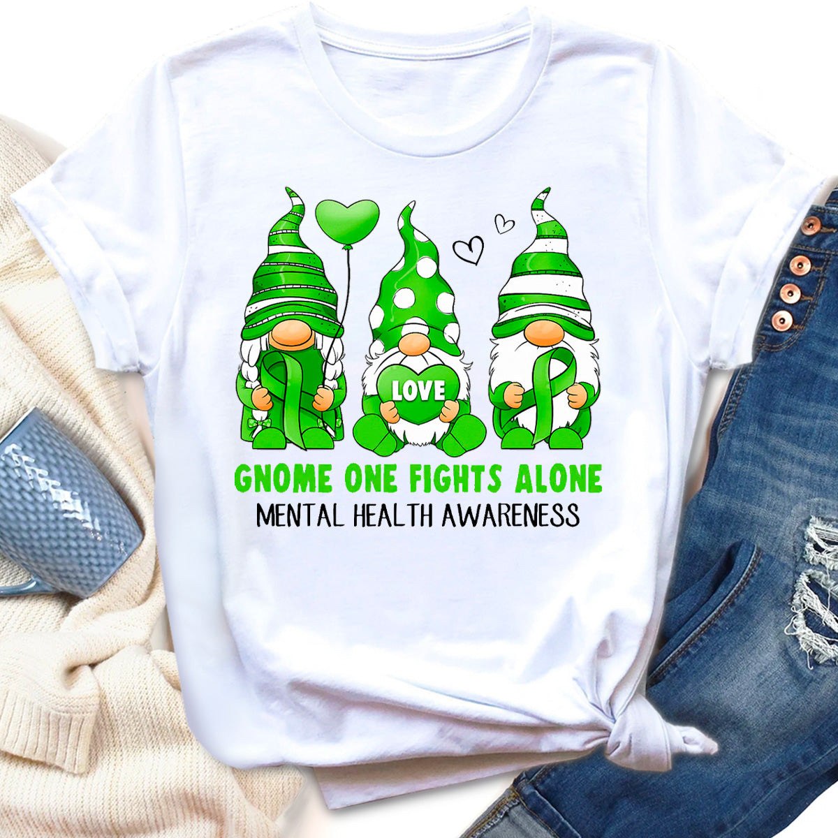 Gnome One Fights Alone Mental Health Awareness T-Shirt