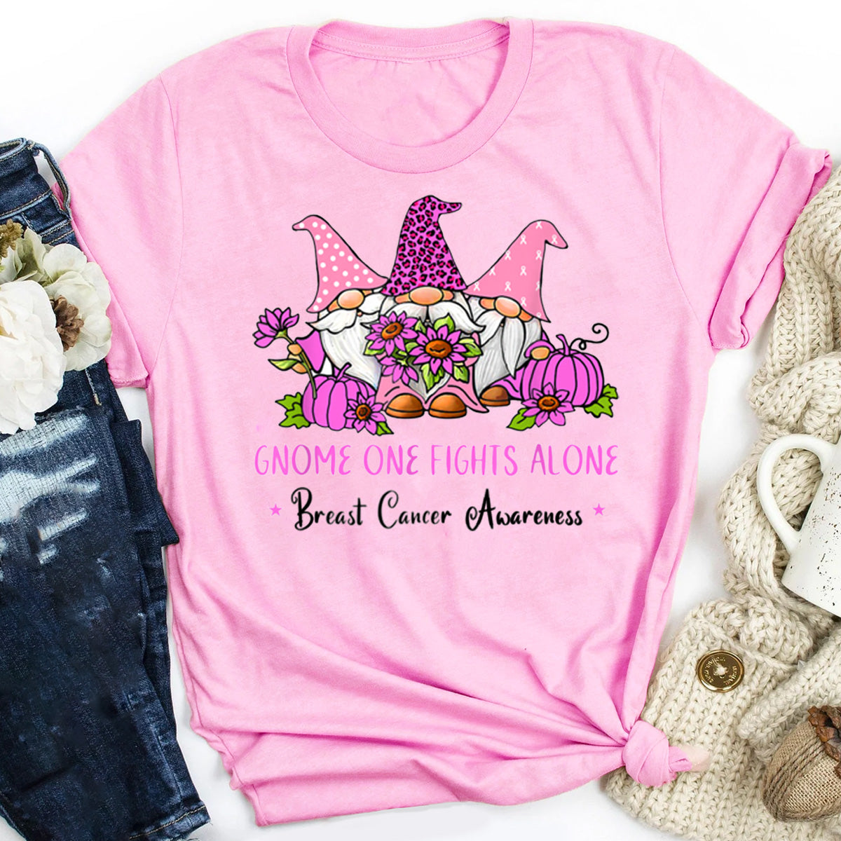 Breast Cancer Awareness Gnome One Fights Alone Pink Ribbon T-Shirt