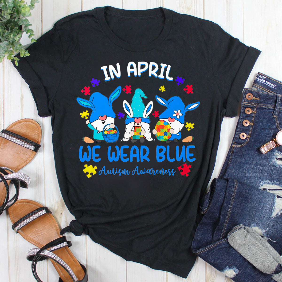 In April We Wear Blue Gnomes Bunny Autism Awarene T-Shirt