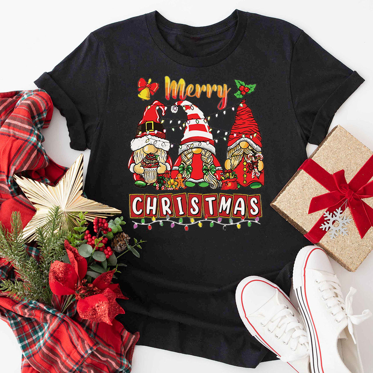 Merry Christmas Light Gnome Santa Hat T-Shirt