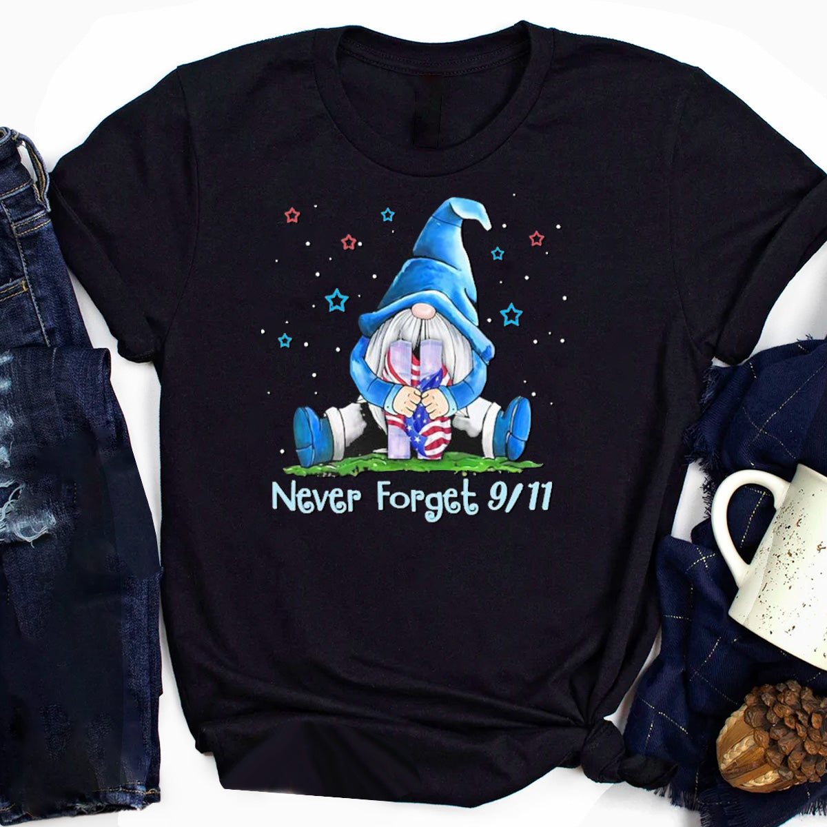 Never Forget 9 11 Gnome America Flag T-Shirt