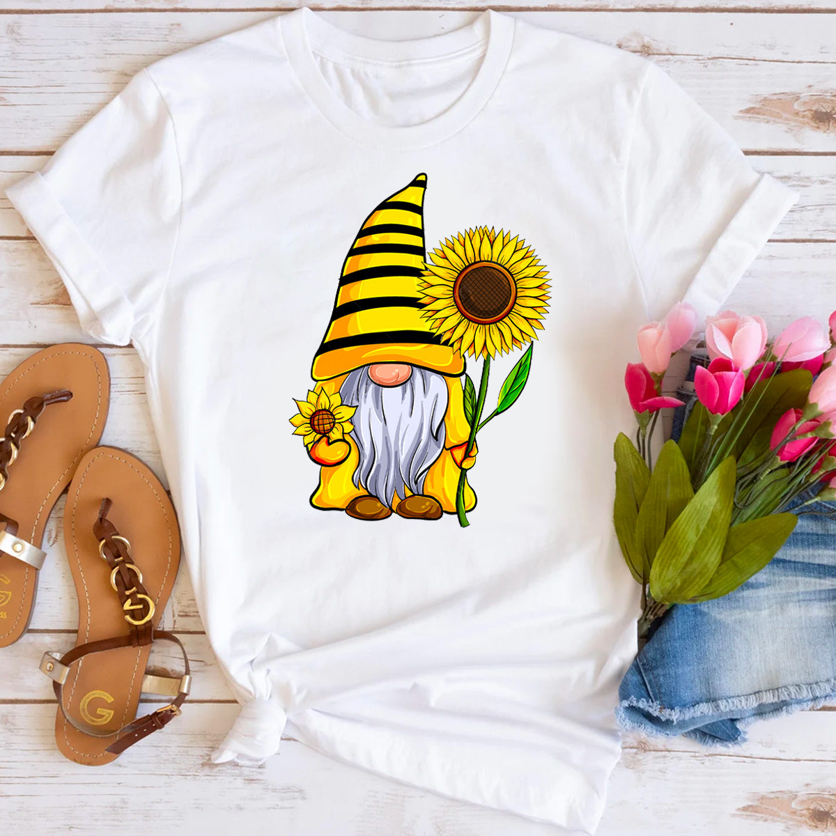 Bee Gnome Holding Sunflower T-Shirt