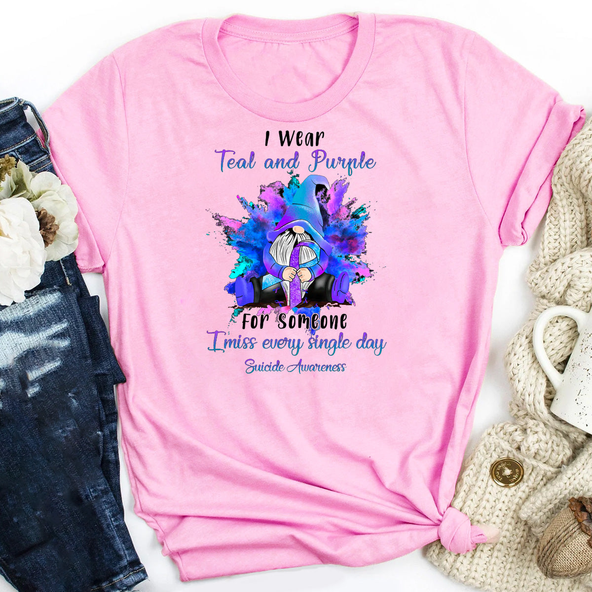 I Wear Teal Purple For Someone Gnome Suicide Aware T-Shirt