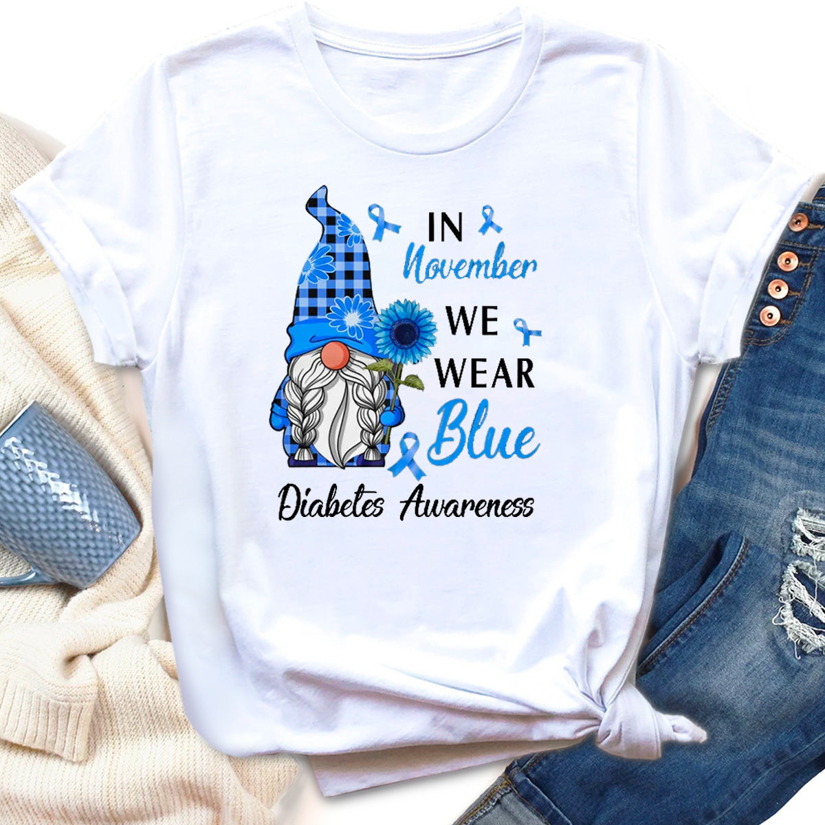 In November We Wear Blue Gnome Diabetes Awareness T-Shirt