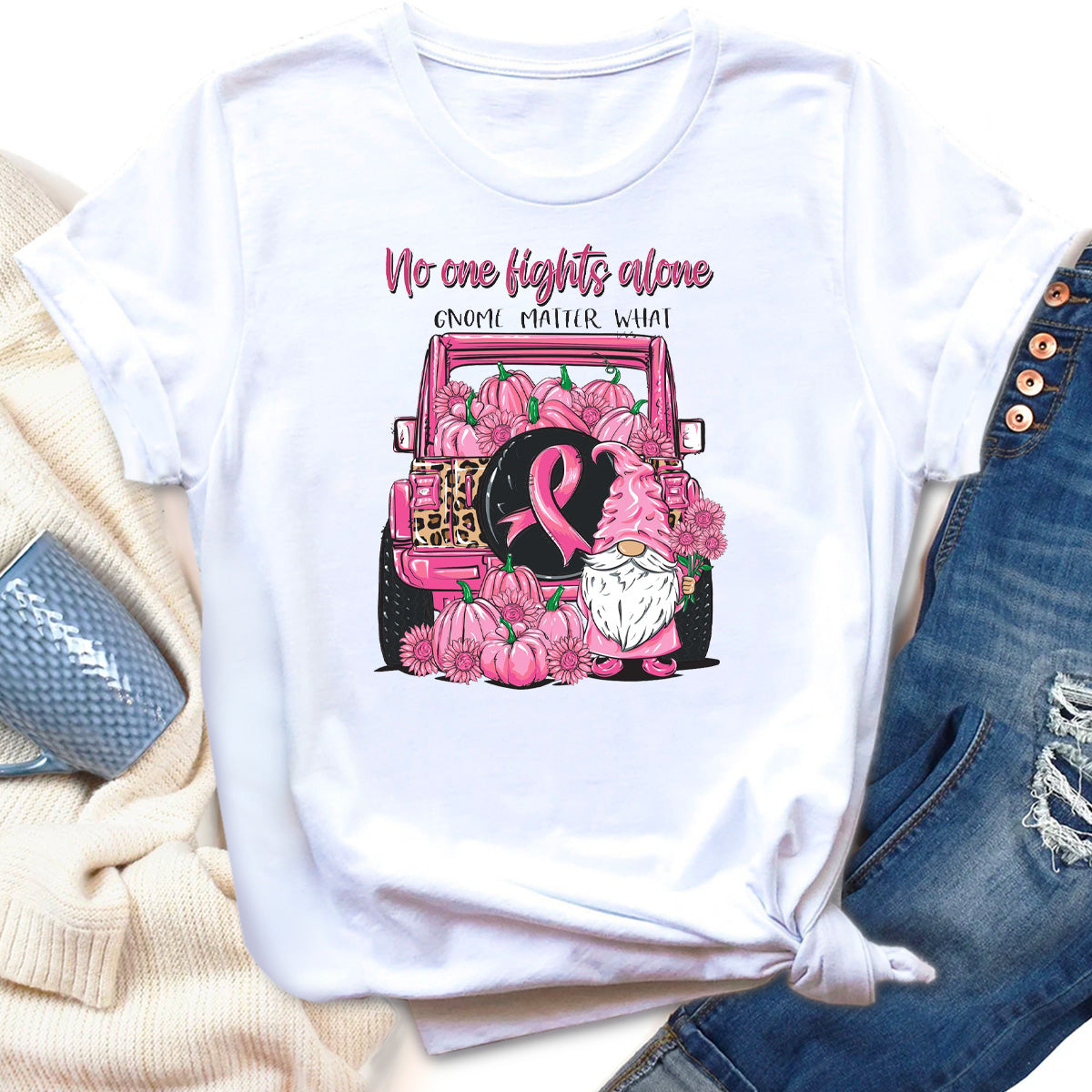 No One Fights Alone, Gnome Matter What Breast Cancer T-Shirt