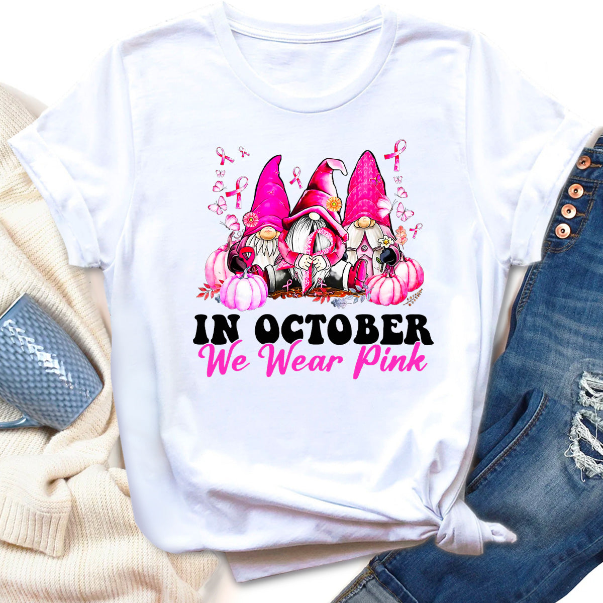 In October We Wear Pink Gnome Breast Cancer Awareness T-Shirt