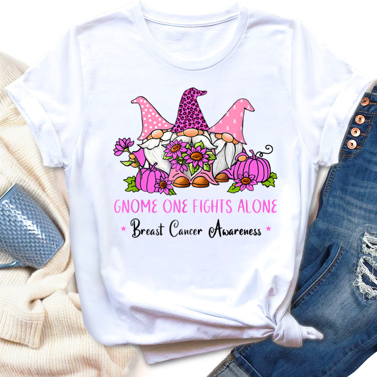 Breast Cancer Awareness Gnome One Fights Alone Pink Ribbon T-Shirt