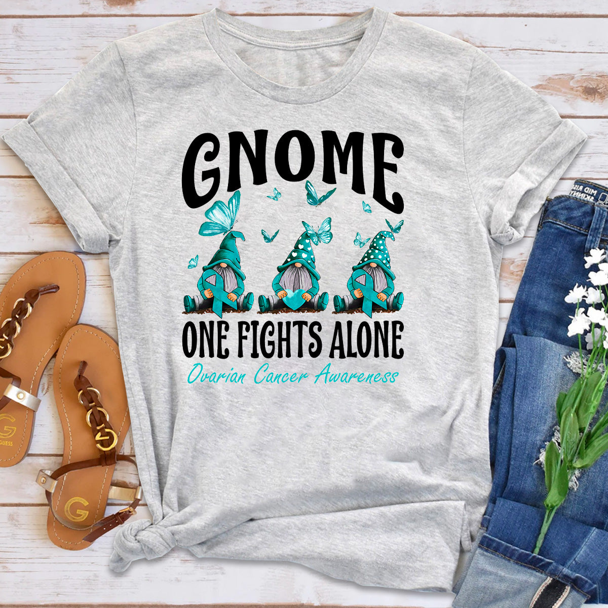 Gnome One Fights Alone Ovarian Cancer Awareness T-Shirt