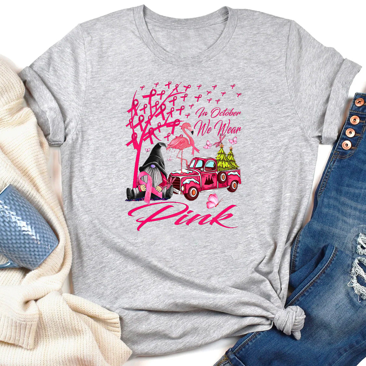 In October We Wear Pink Gnome Truck Breast Cancer T-Shirt