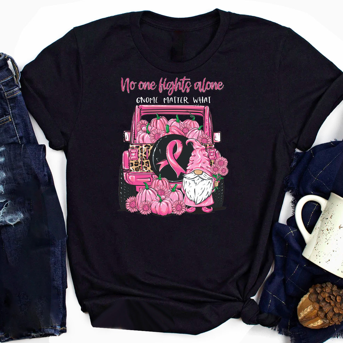 No One Fights Alone, Gnome Matter What Breast Cancer T-Shirt