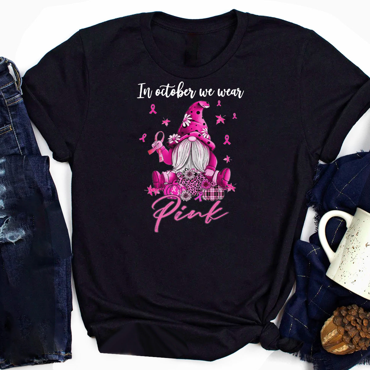 In October We Wear Pink Gnome Truck Breast Cancer T-Shirt