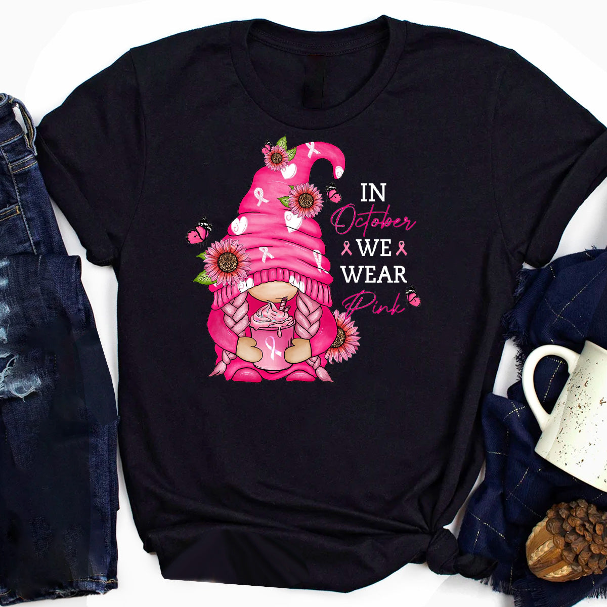 In October We Wear Pink Gnome Breast Cancer Awareness T-Shirt