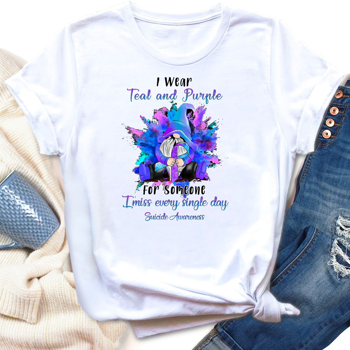 I Wear Teal Purple For Someone Gnome Suicide Aware T-Shirt