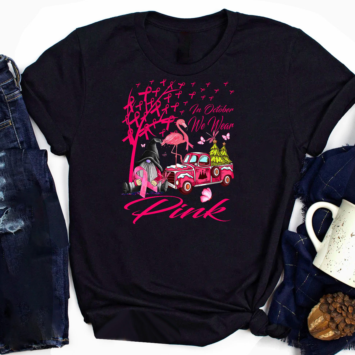 In October We Wear Pink Gnome Truck Breast Cancer T-Shirt