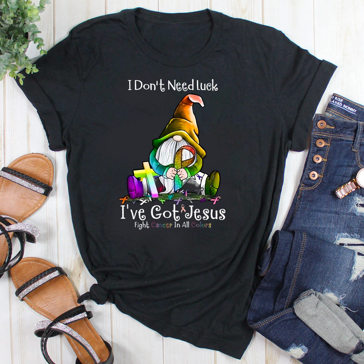 Gnome I Don’t Need Luck I’ve Got Jesus Fight Cancer In All Colors T-Shirt