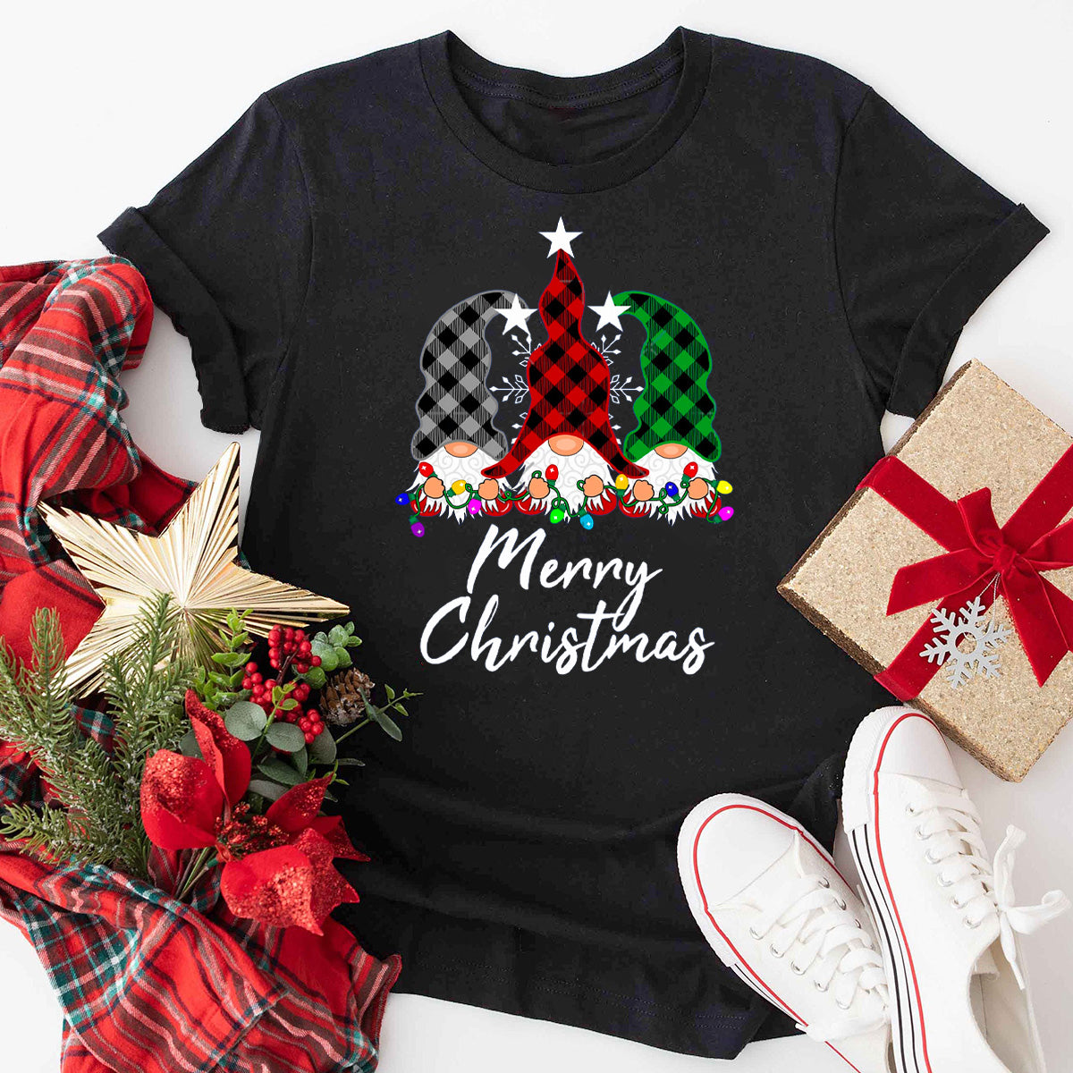 Gnome Christmas Lights Buffalo Plaid T-Shirt