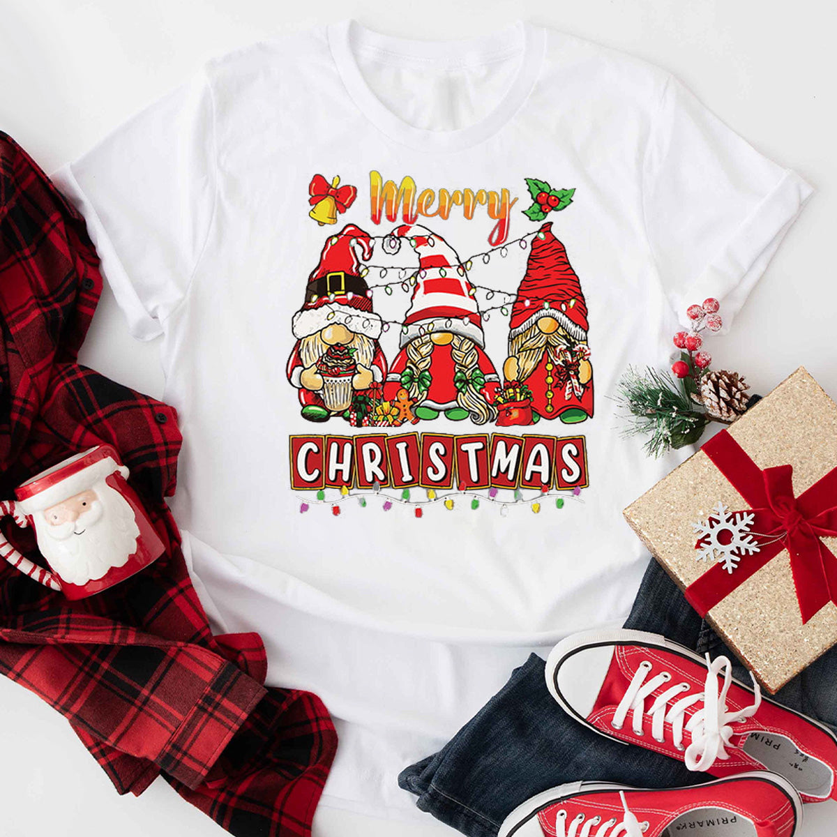 Merry Christmas Light Gnome Santa Hat T-Shirt