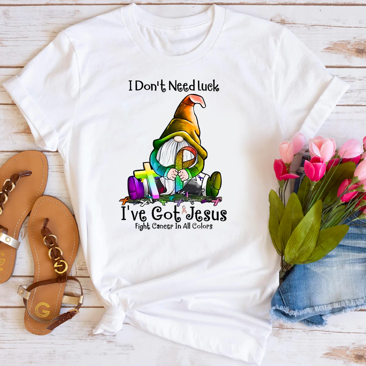 Gnome I Don’t Need Luck I’ve Got Jesus Fight Cancer In All Colors T-Shirt