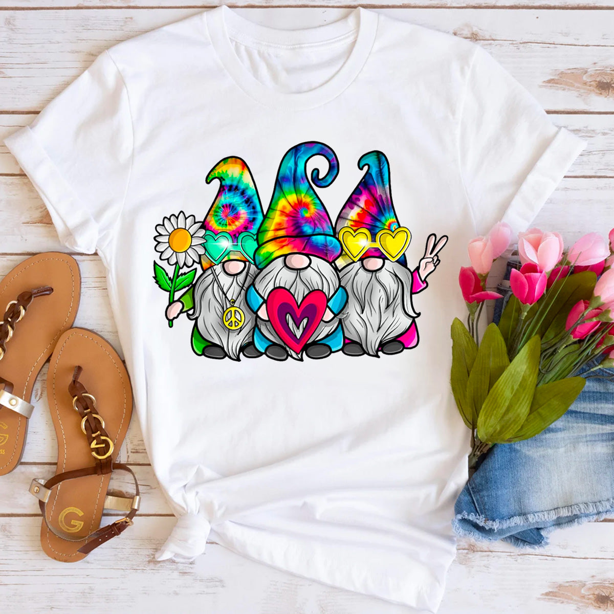 Retro Tie Dye Peace Love Gnomies T-Shirt