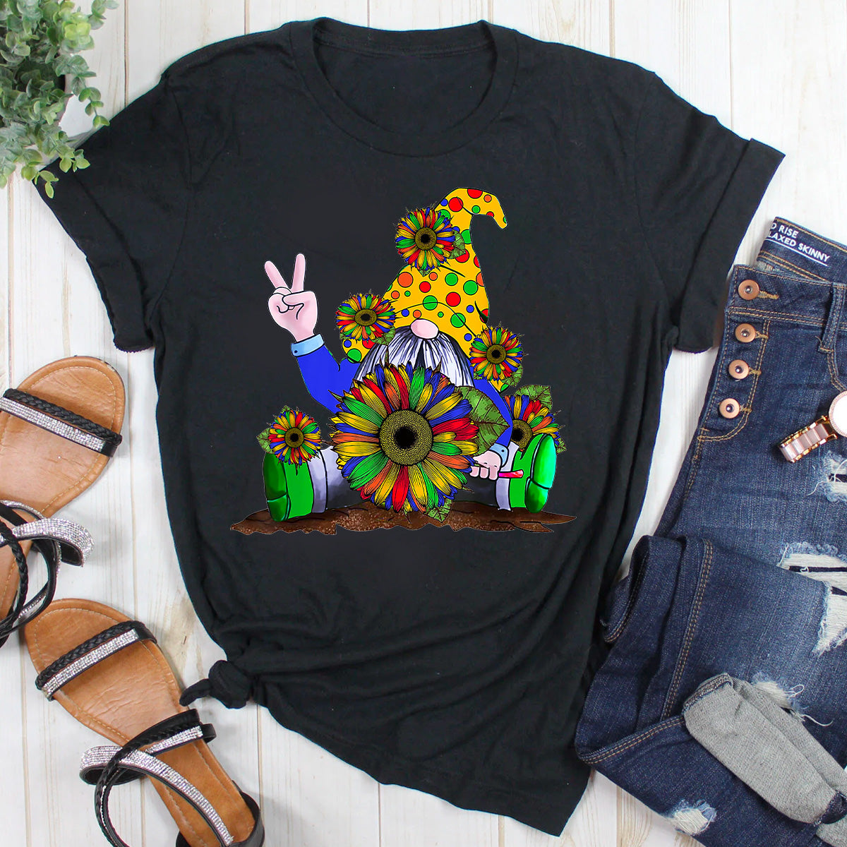 Hippie Gnome Sunflower Rainbow T-Shirt