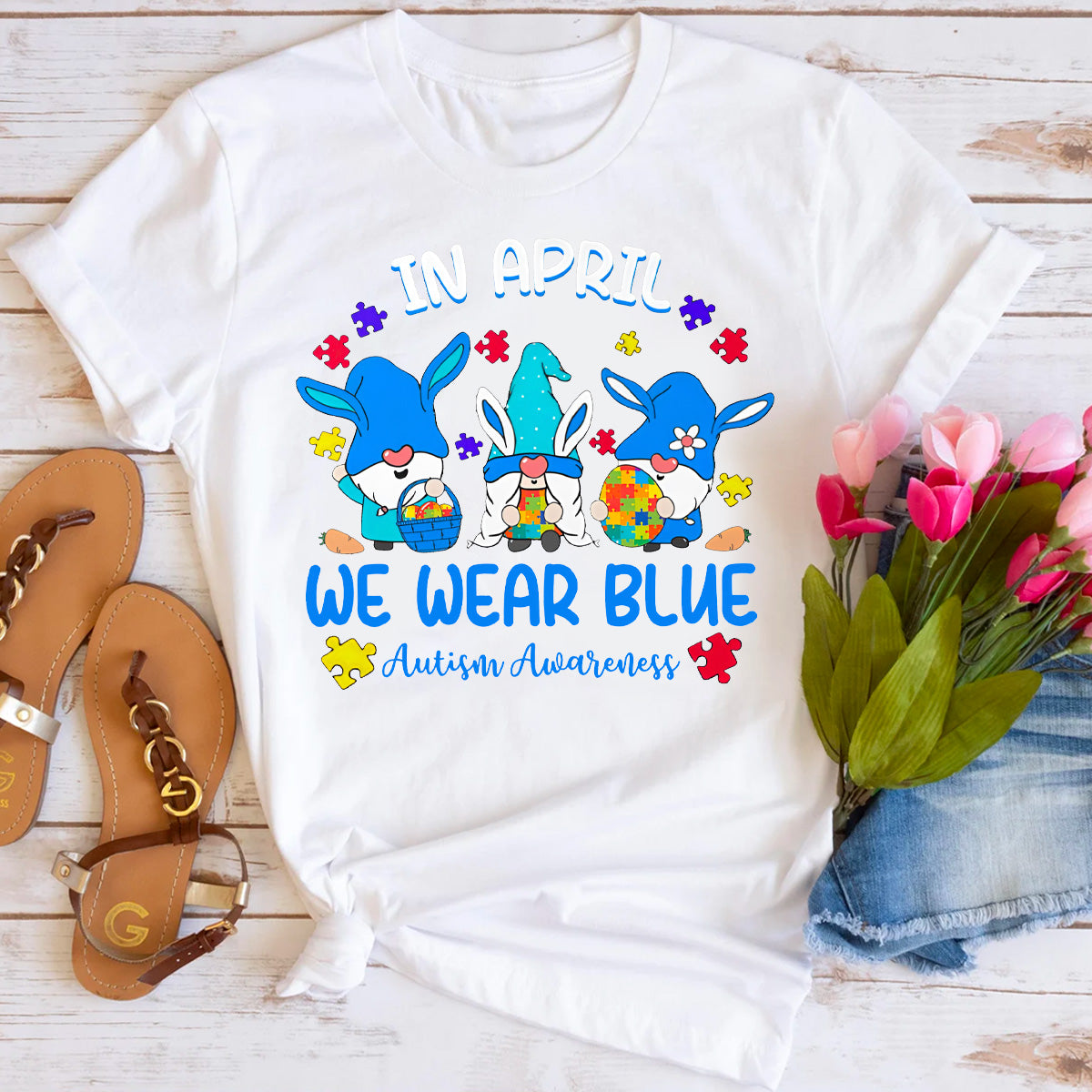 In April We Wear Blue Gnomes Bunny Autism Awarene T-Shirt