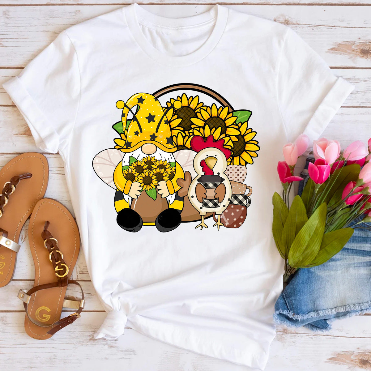 Sunflower Chicken Lady Gnome T-Shirt