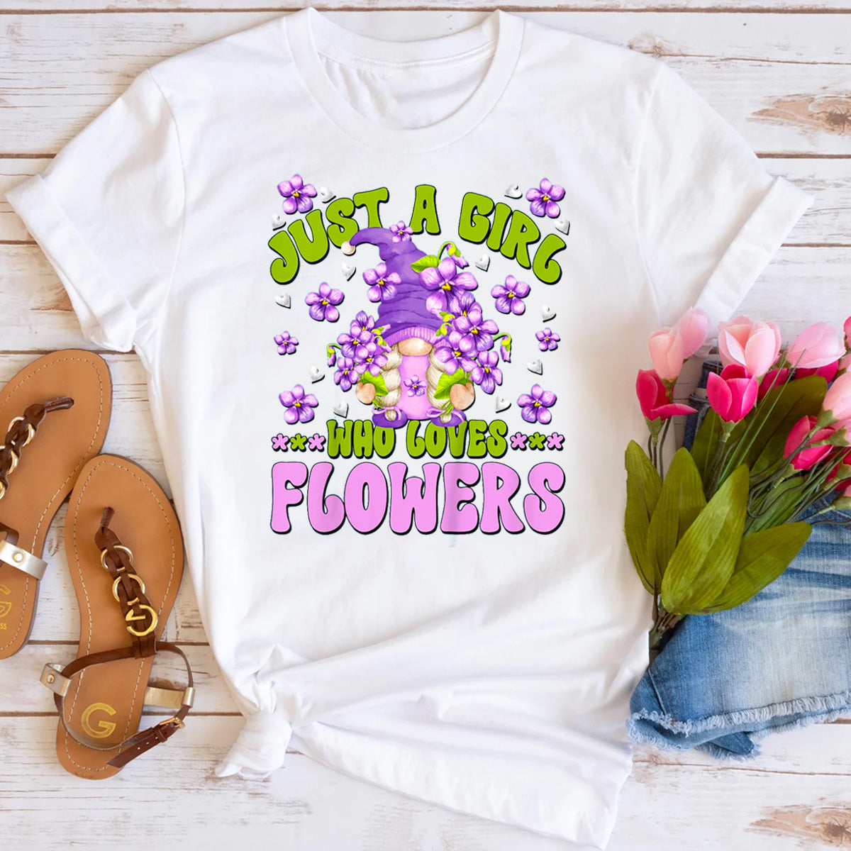 Just A Girl Who Loves Flowers Floral Violet Gnome T-Shirt