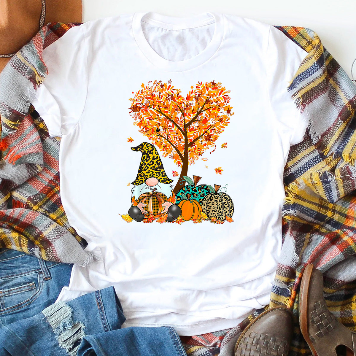 Fall Pumpkin Heart Tree Gnome T-Shirt